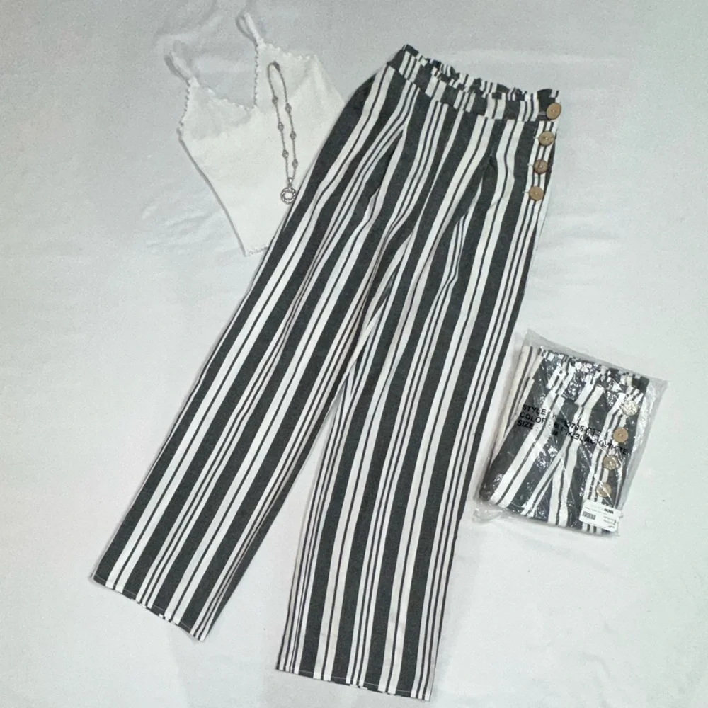 Haute Monde Charcoal and White Striped Straight Leg Pants - Picture 1 of 5